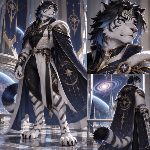 Male, anthro white tiger, digitigrade footpaws, thick black hair with blue tips, blue eyes, galactic royalty