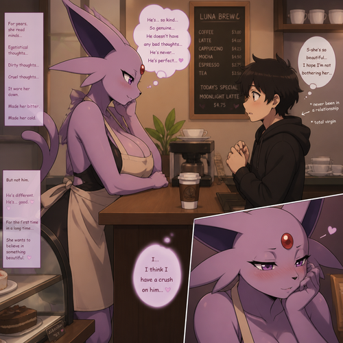 A well-made busty grown mature female Espeon that wears an apron who works at the coffee place who finally finds a nice person with empathy who likes her nervously and a virgin while she’s been in a bad mood long enough of reading minds silently. In an animated verse. Side view. Had a crush.
