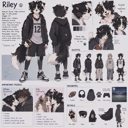 A middle school aged male anthropomorphic border collie. He loves playing football. Has a boyfriend and a girlfriend who doesn’t know about each other. Anime art style, reference sheet.