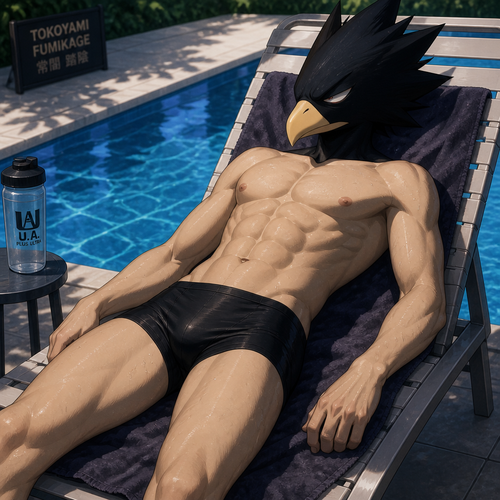 Tokoyami Fumikage wearing tight black swimsuit and shirtless. Laying on a chair next to a pool sleeping.