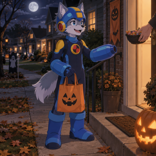 Middle school aged male dire wolf dressed up as Mega Man from the Battle Network series. He is outside going house to house trick-or-treating on Halloween night. Anime art style, full body.