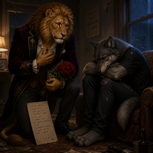 A (well-made grown anthropomorphic male character) rich Barron a Lion with a sad look that wears whatever he wears who came to see a unhappy non-rich despair but a broken hearted anthro male grey Wolf for an apology for how he’s sorry and tell him he loves him and says his feelings for him because he’s gay.