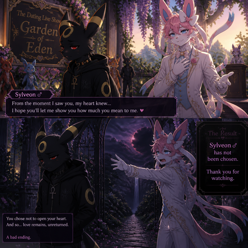 In a dating live show at the garden of Eden (a well-made animated version) a grown non-rich anthro Umbreon male that wears a gothic hoodie that is unhappy and doesn’t want to be there and wanted to lose and Don’t like this super rich grown anthro Sylveon male that wears some elegant clothes who likes him. In a well-made anthropomorphic Pokemon universe. A bad/sad ending of a show.