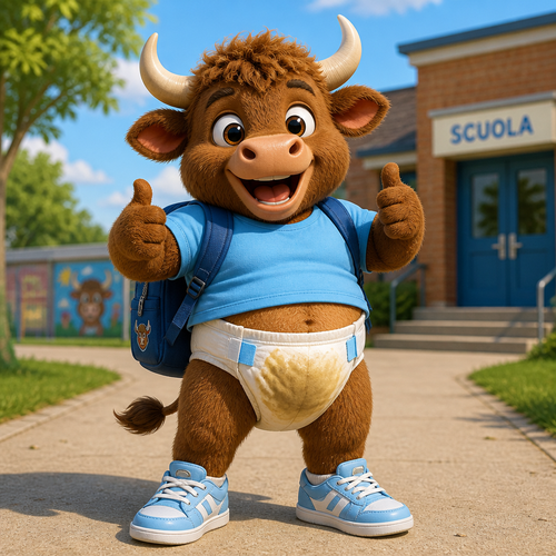 Un toro peloso indossa una maglietta azzurra, uno zaino blu, un pannolino, non ha i pantaloni e indossa scarpe da ginnastica azzurre. La parte anteriore del pannolino è piena. È felice.