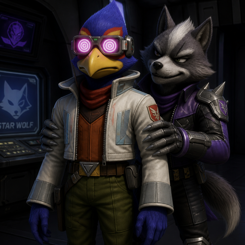 Falco Lombardi standing up straight in his normal uniform. The only non normal part of his clothing is the active hypnosis glasses he is wearing that are hypnotizing him. Behind him smirking is Wolf O’Donnell. Wolf is rubbing his hands up and down Falcon’s arms.