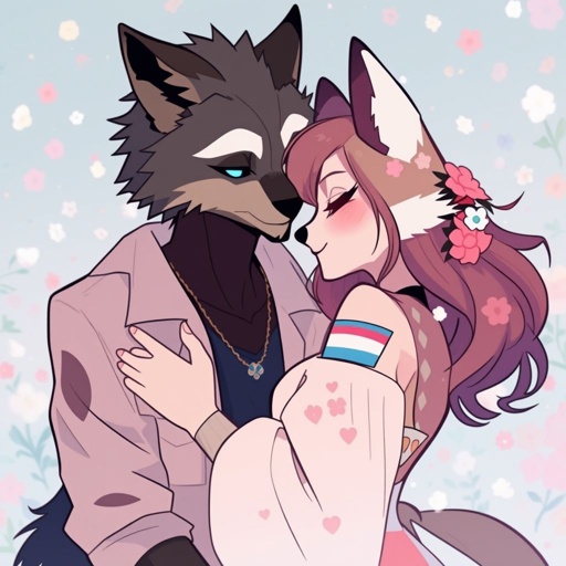 A wolf (male) kissing a jackal (trans woman) with a trans flag pin on her dress 