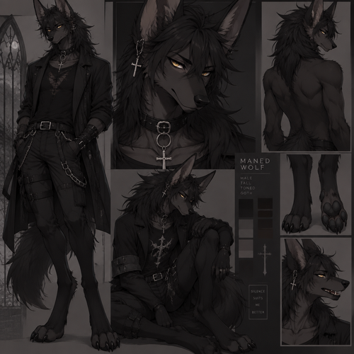 male, black fur, maned wolf, golden eyes, digitigrade footpaws, toned body,goth, anime style