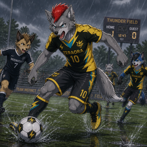 A high school aged male grey dire wolf wearing Zeraora themed soccer uniform, short red mohawk hairstyle. He is out on a soccer field during a rainy day, playing aggressively in a game of soccer with his friends. Anime art style, full body.