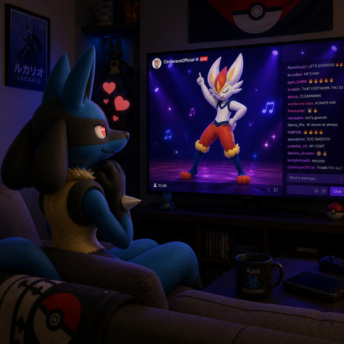 A male Lucario sitting on a couch. On the tv is a stream of a male Cinderace dancing. The lucario has a look on his face that is one of love.