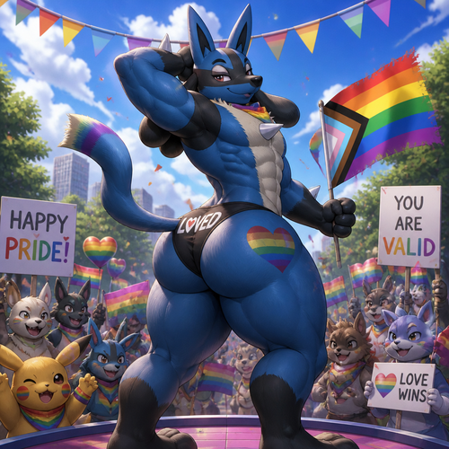 A well-made dummy thicc grown male Lucario who’s shamelessly enjoying pride month day and feeling loved.