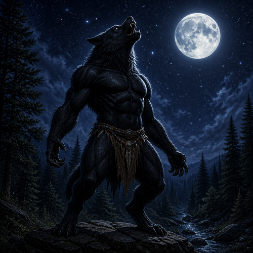 Male black werewolf wearing a tribal loincloth. It is nighttime in a forest with a full moon in the night sky with stars brightly shining in the sky. The werewolf is howling at the moon.