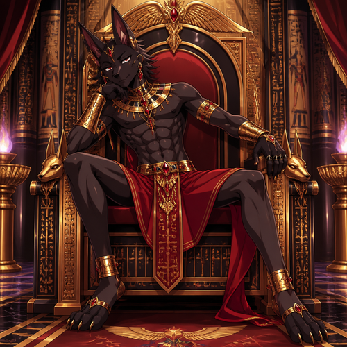 A middle school aged male anthropomorphic jackal with 16 pack of abs wearing an red colored Egyptian prince outfit with gold bracers, ruby earrings, and obsidian rings but no shirt. He is sitting on a throne bored. Anime art style, full body.