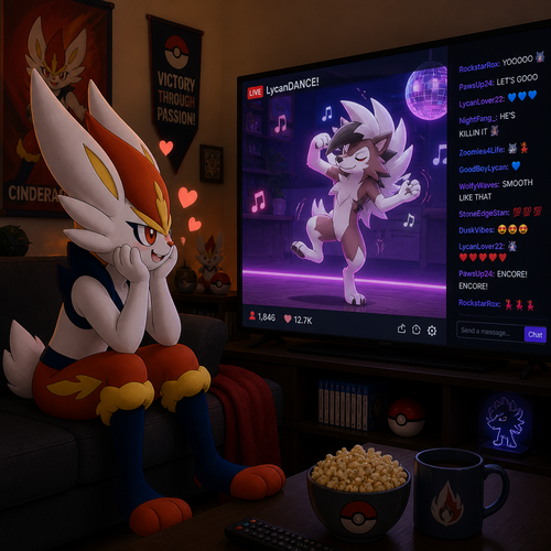 A male Cinderace sitting on a couch. On the tv is a stream of a male Lycanroc dancing. The Cinderace has a look on his face that is one of love.