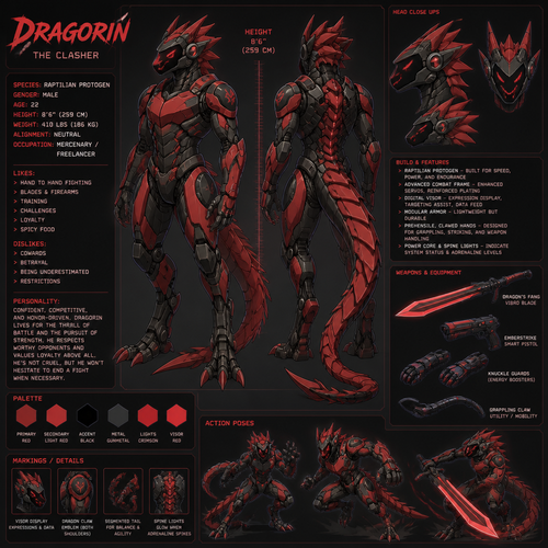 A young light red male raptilian protogen that’s mostly machine. Reference sheet, height of 8 foot 6 inches, likes hand to hand fighting and weapons. Has the name of Dragorin. Anime art style.
