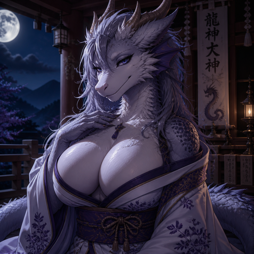 A busty well-made female furred lung dragon character that wears a robe who lives in a shrine at night.