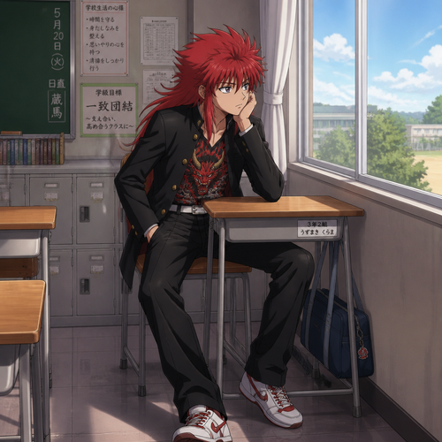 A middle school aged Kurama wearing a gakuran with the top unbuttoned showing off a demon dragon themed shirt underneath. He is sitting at his desk in school bored and looking out the window. Anime art style, full body.