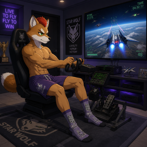 A high school aged Fox McCloud wearing purple Star Wolf sweat shorts, shirtless showing 16 pack of abs, red mohawk, and Wolf O’Donnell themed socks. Playing a flight simulator game on a 75 inch tv in a game room with realistic flight controls. Anime art style, solo, full body.