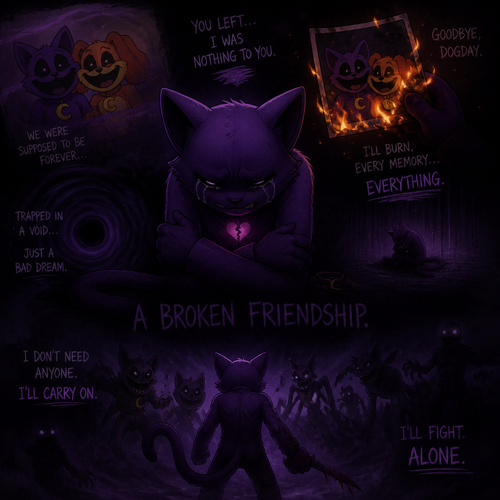 In Smiling critters verse, Catnap with feelings hurt and tears with anger and a heart broken, wants to forget about his ex-friend DogDay and let his memories ablaze. Trapped Into a void of darkness like a bad dream. A broken friendship. Moving/carry on and fight through the horrifying threats alone.