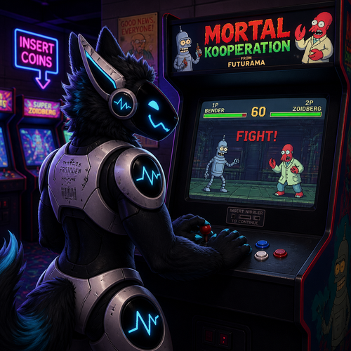 A well-made Protogen male character at an arcade playing a game called, Mortal Kooperation from Futurama.