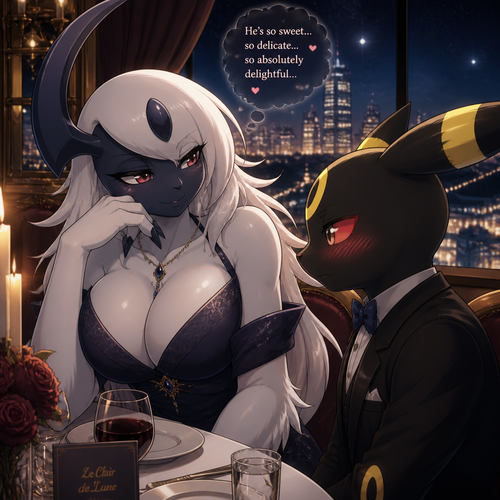 A well-made busty female Pokemon character, Absol. wears an elegant dress and eyeliner. Tall and gorgeous. Dating a shy male Umbreon with a blush. Patient. Has a flirty feeling. Thinking about how sweet and delightful. On a fancy restaurant at night.