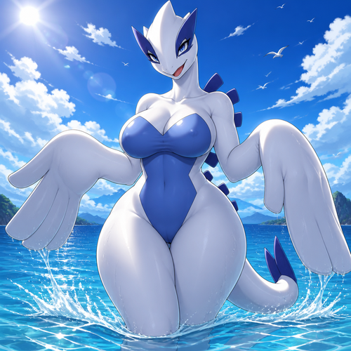 A well-made adult anthro Pokemon character, a female Lugia. Wonder around in the ocean. Has thick thighs and eyeliner. Enjoy the day. Very confident. Front view.