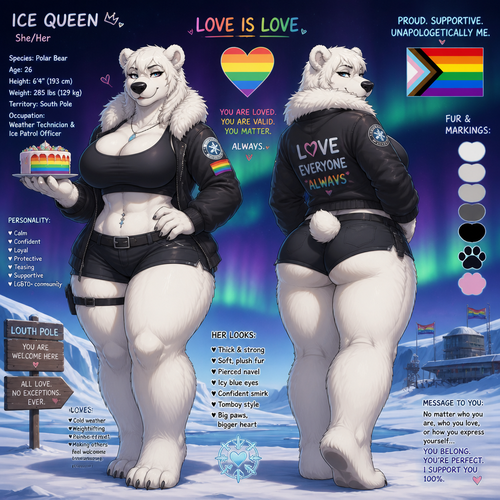 A busty well-made adult anthropomorphic tomboy polar bear female who lives in South Pole territory with a rainbow color ice cream cake on her paw. Has thick thighs and thick fur. Large looks. Front/back view. Calm and confident. Animated verse. Give a flirty look. Gives love and support sign to all LGBTQ+. Her looks.