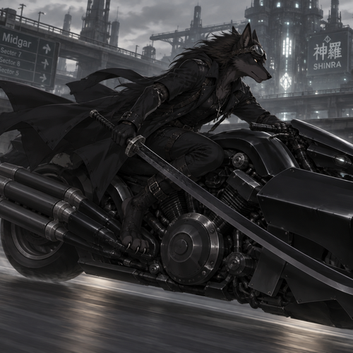 male, black fur, maned wolf, golden eyes, digitigrade footpaws, toned body,goth, wearing a trenchcoat, anime style, riding a black final fantasy advent children motorcycle, side view, holding a black odachi, leaning over the bike, wearing goggles