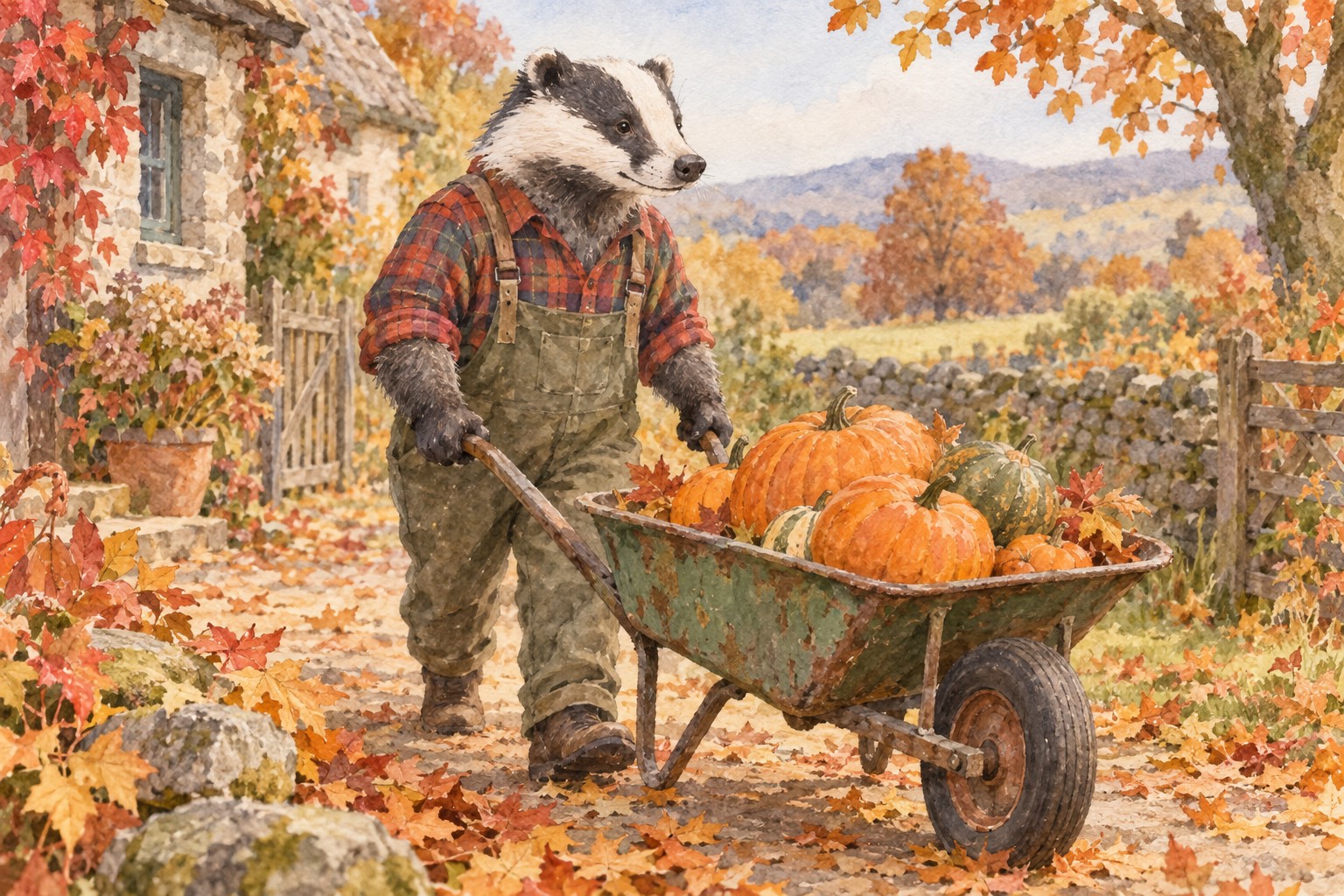 A badger gardener in a flannel shirt pushing a wheelbarrow of pumpkins in autumn