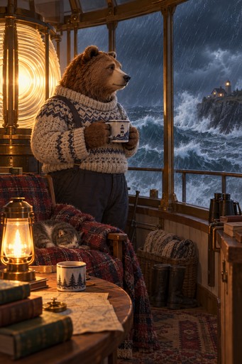A bear lighthouse keeper in a knit sweater holding a mug and watching a storm from the lamp room