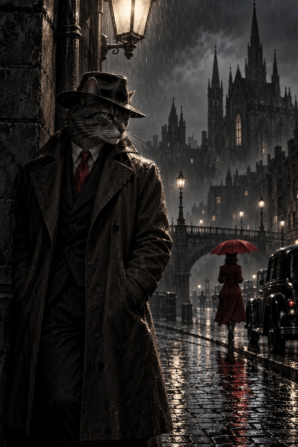 A cat detective in a trench coat under a streetlamp in the rain