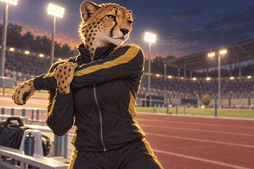 A cheetah sprinter in a zipped team tracksuit stretching beside the track in a floodlit stadium, seen from the waist up
