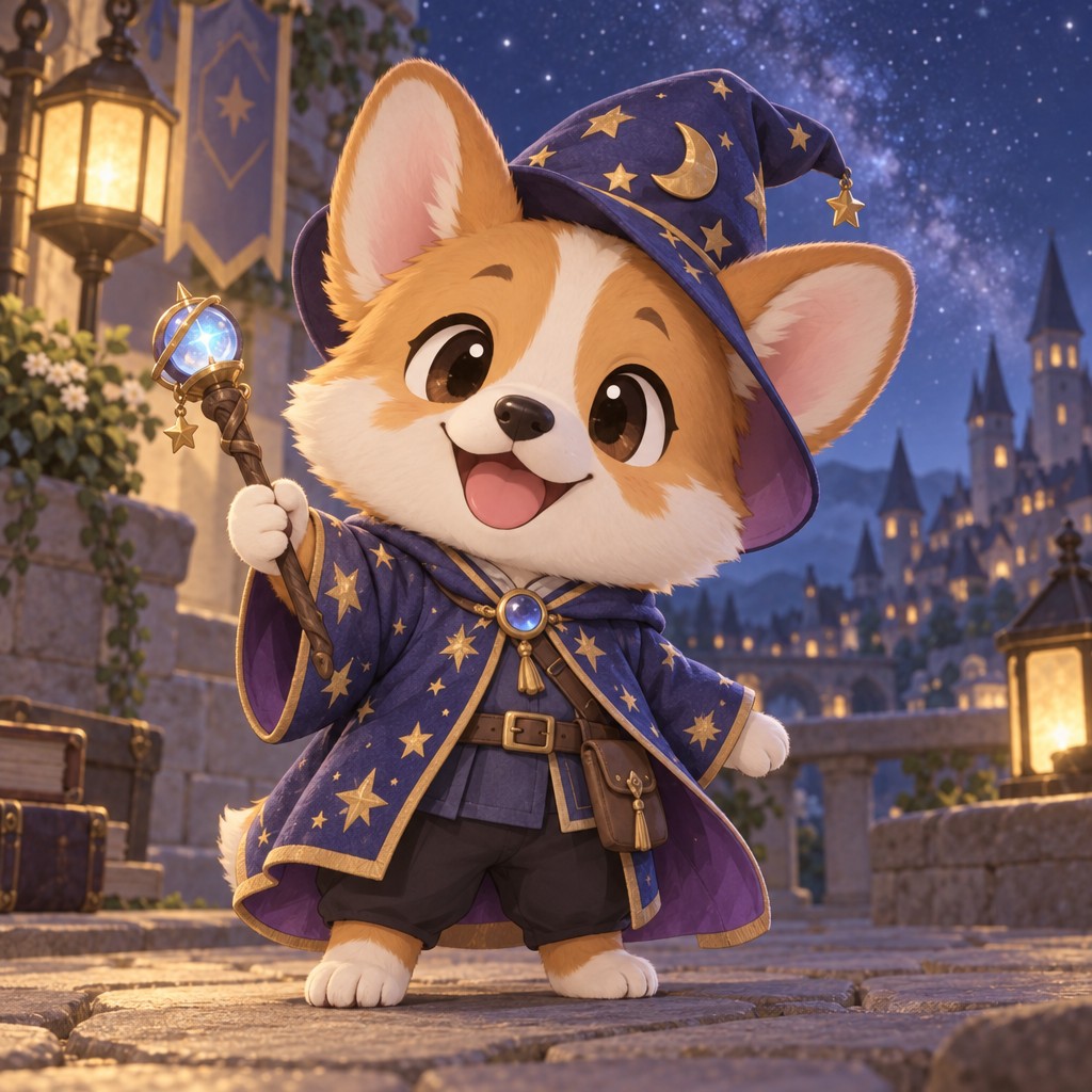 A corgi wizard in a starry robe holding a tiny staff