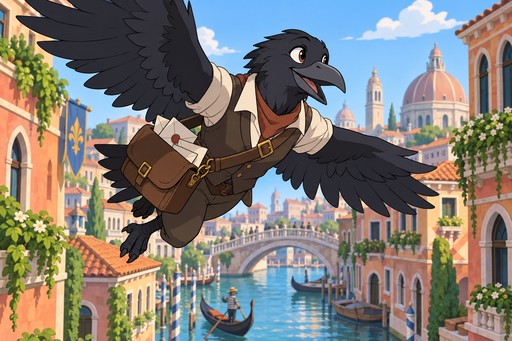 A crow courier with a messenger bag flying over a canal city