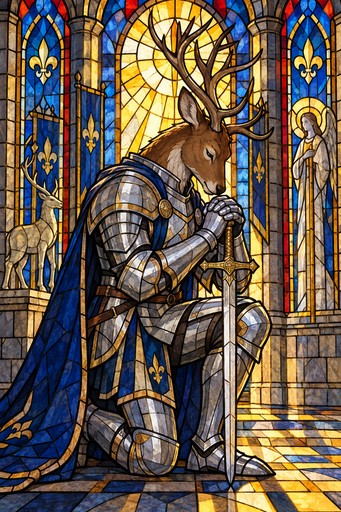 A deer knight in silver armor kneeling in a sunlit cathedral