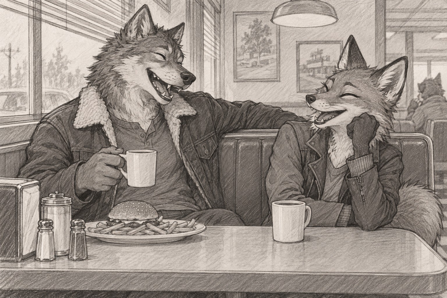 A wolf and a fox in jackets laughing together in a diner booth