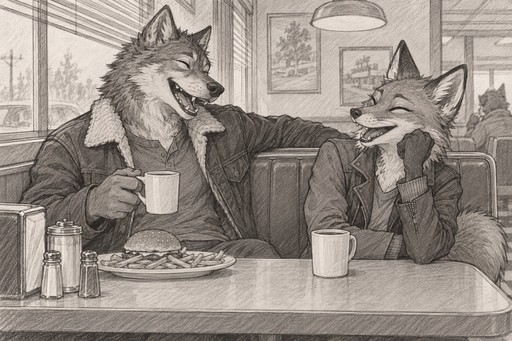 A wolf and a fox in jackets laughing together in a diner booth