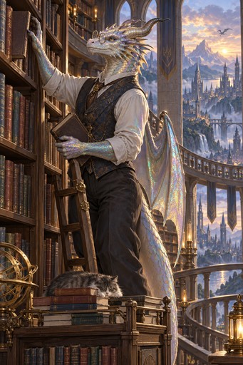 A dragon librarian in round glasses and a waistcoat shelving books in a tower library