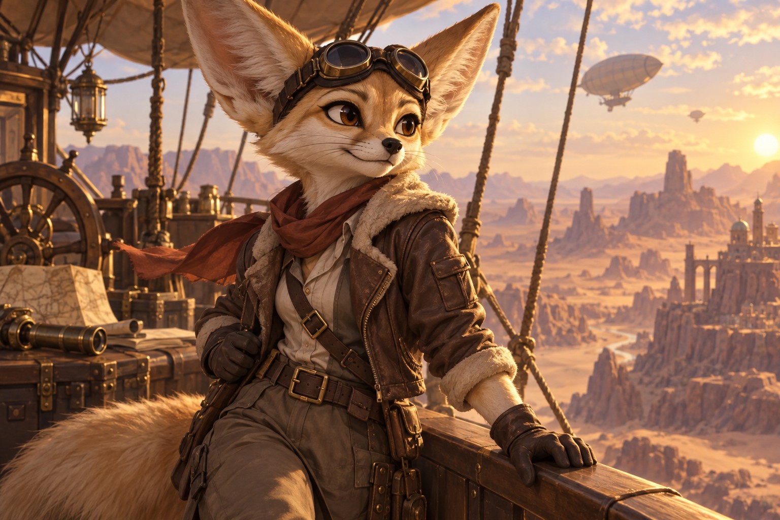 A fennec explorer in goggles and a flight jacket on the deck of a desert airship