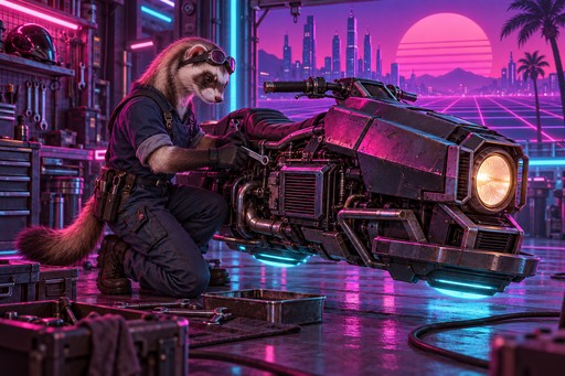 A ferret mechanic in overalls fixing a hover bike in a neon garage