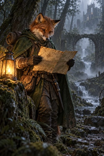 A fox adventurer in a green cloak reading a map by lantern light in an old forest