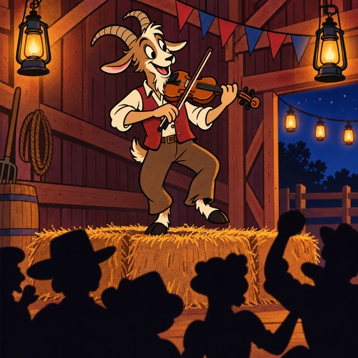 A goat fiddler in a waistcoat playing at a lantern-lit barn dance