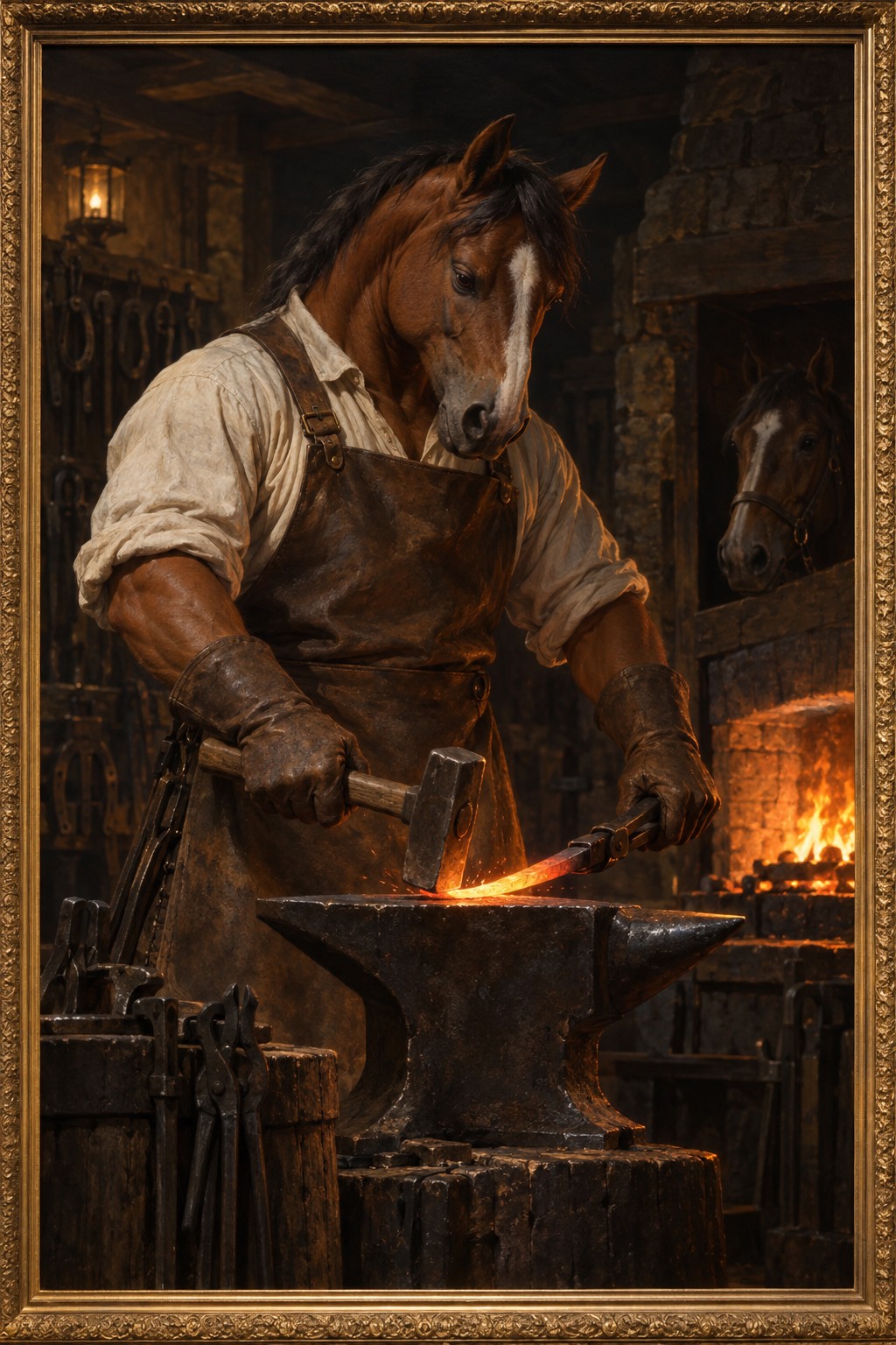 A horse blacksmith in a leather apron hammering glowing steel in a forge