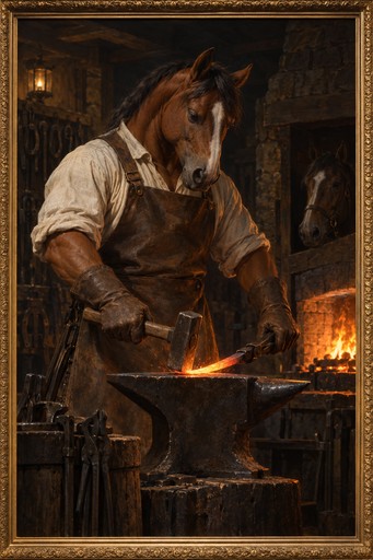 A horse blacksmith in a leather apron hammering glowing steel in a forge