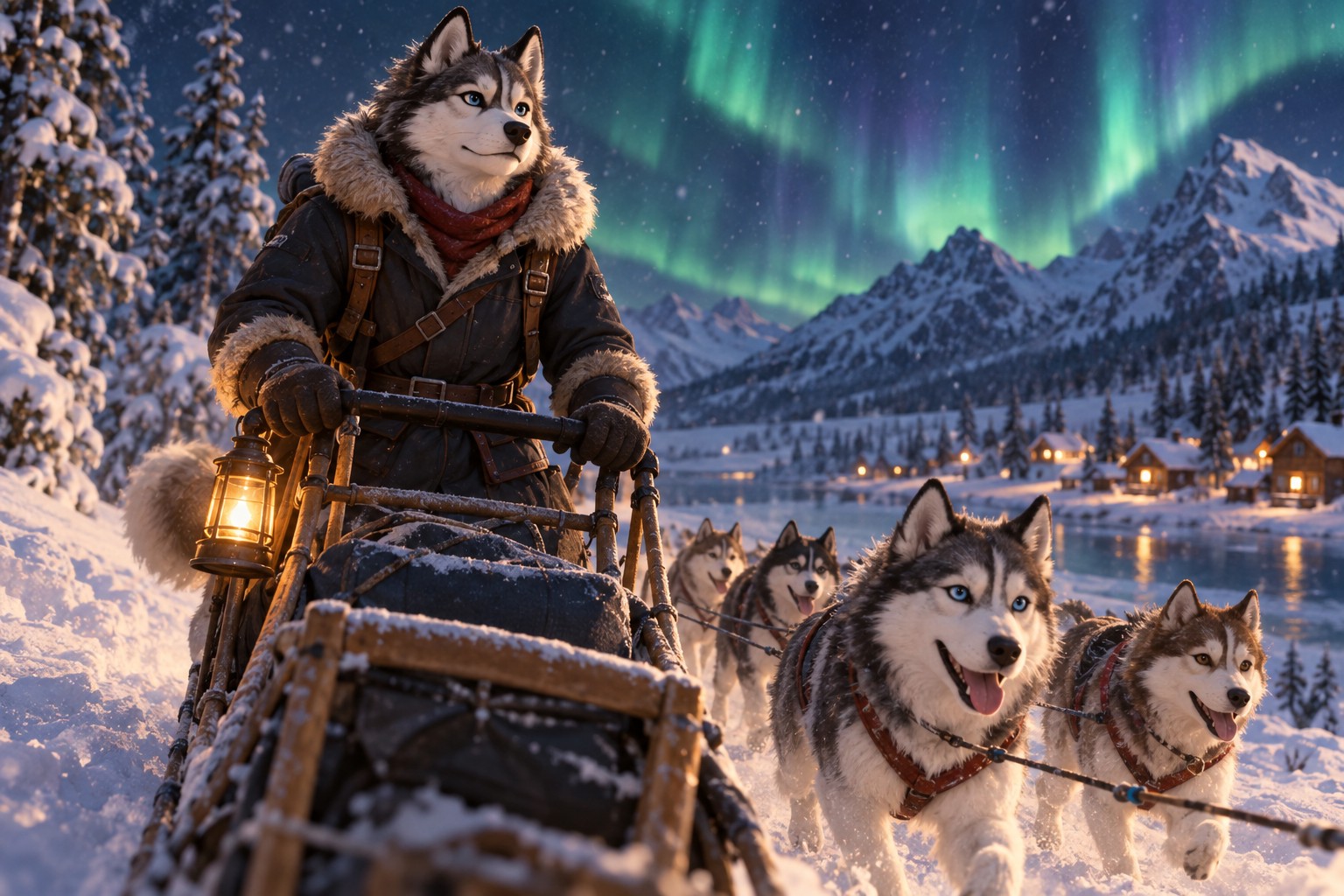 A husky sled leader in winter gear under the northern lights