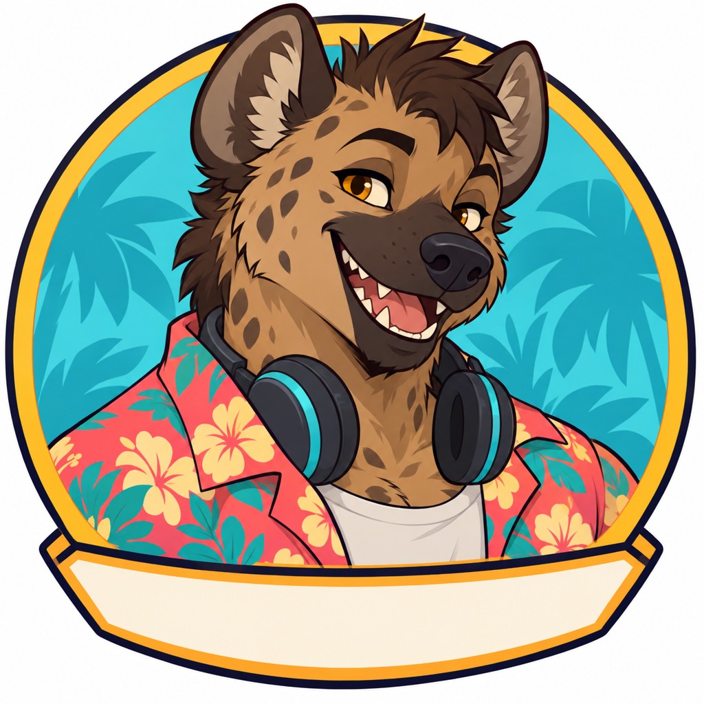 A cheerful hyena in a bright shirt with headphones around the neck