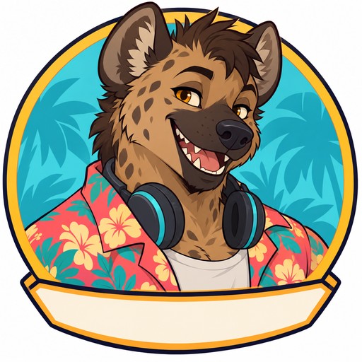 A cheerful hyena in a bright shirt with headphones around the neck