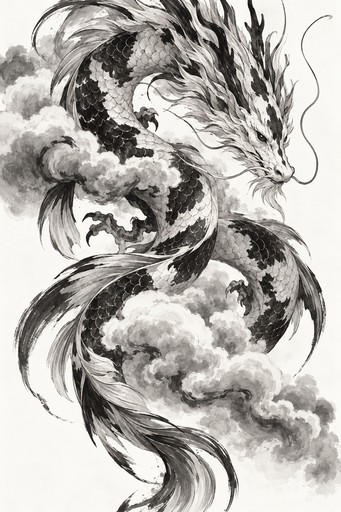 A koi dragon coiling through the clouds