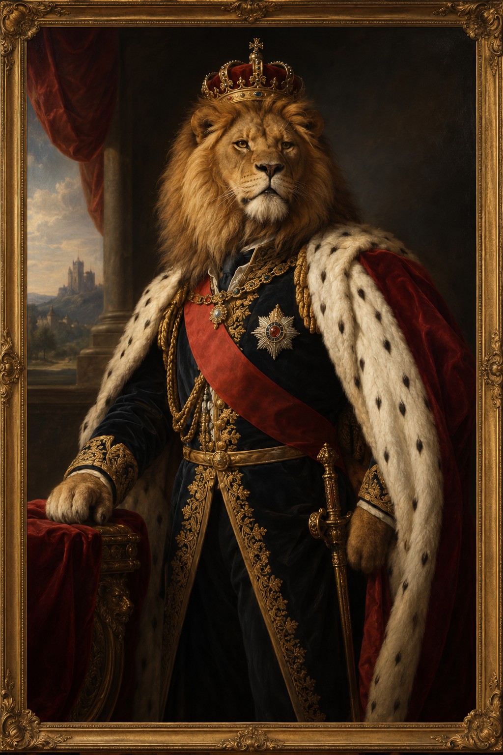 A lion king in a royal coat and sash, formal portrait