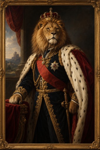 A lion monarch in a royal coat and sash, formal portrait