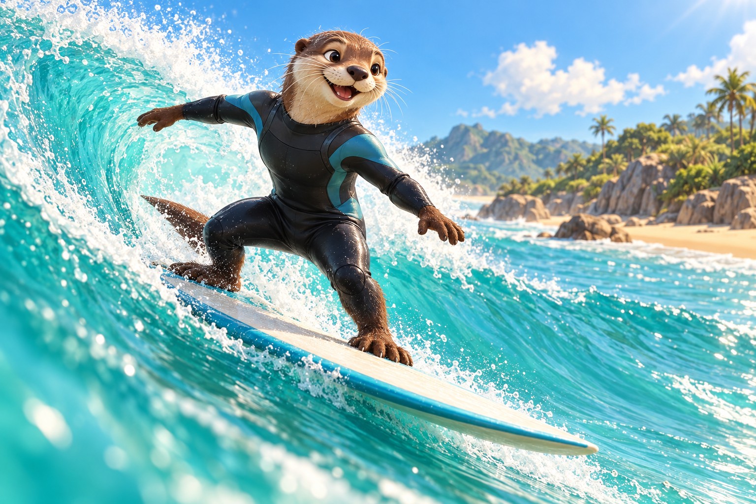 An otter surfer in a wetsuit riding a turquoise wave